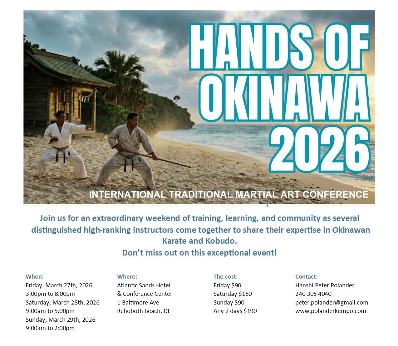 Okinawan martial artists training on the beach during the Hands of Okinawa 2026 conference, promoting traditional martial arts in Bethesda.