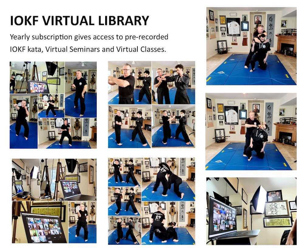 IOKF Virtual Library showcasing martial arts training with instructors and students, featuring pre-recorded IOKF kata, virtual seminars, and classes, set in a dojo environment in Bethesda.