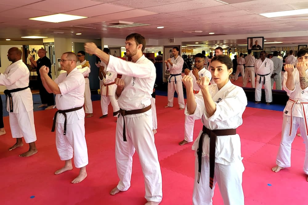 Group of martial arts students practicing karate techniques in a dojo in Bethesda, focusing on discipline and physical fitness.
