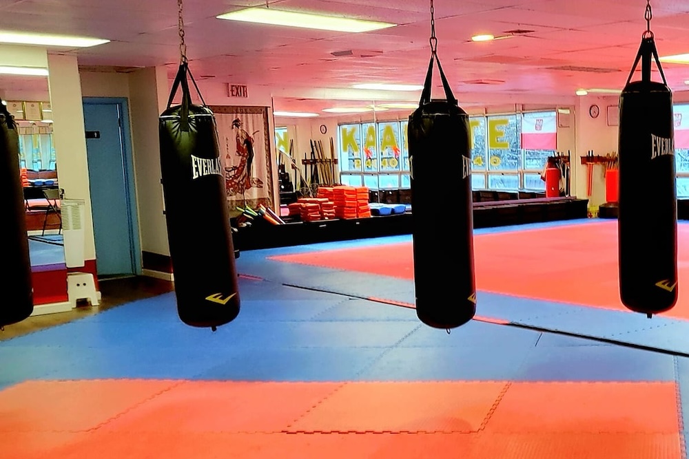 Cardio kickboxing training space in Bethesda featuring hanging punching bags, colorful mats, and a dynamic workout environment.