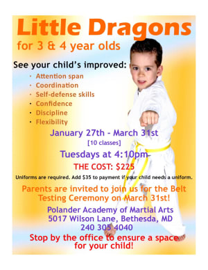 Little Dragons martial arts program for 3 and 4-year-olds, featuring a young boy in a karate uniform, promoting skills like coordination and self-defense at Polander Academy of Martial Arts in Bethesda.